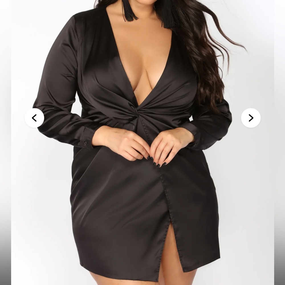 Fashion Nova Black Satin Long Sleeve Twist Front Dress